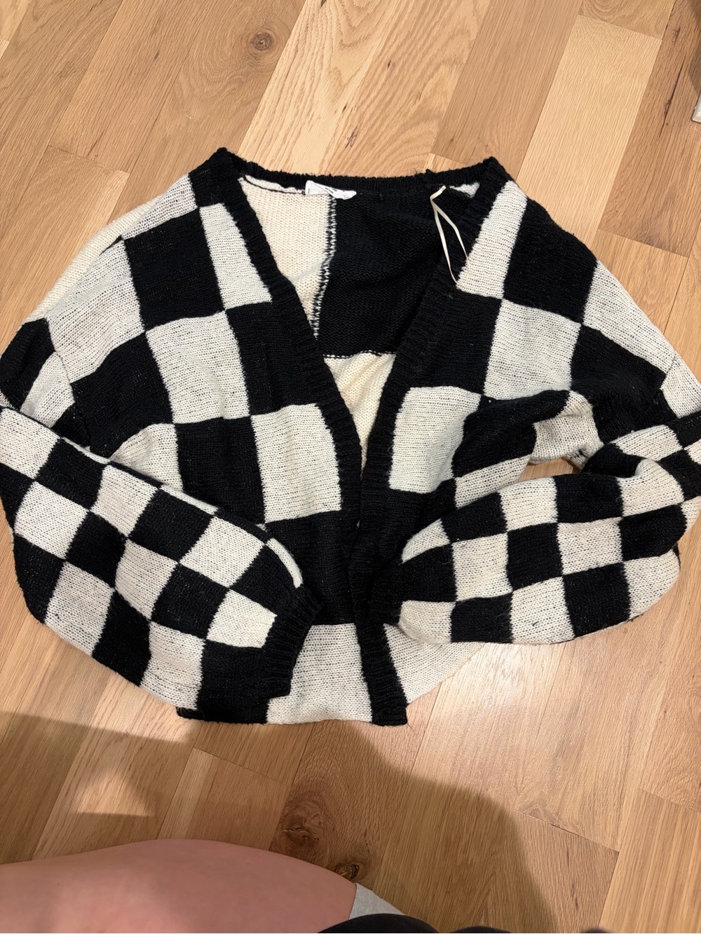 Double Zero Black & White Checkerboard Open-Front Cardigan